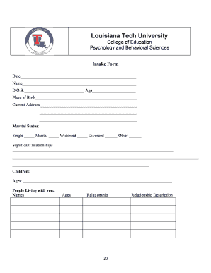 Louisiana Tech University College of Education Psychology and Behavioral Sciences Intake Form Date Name - education latech