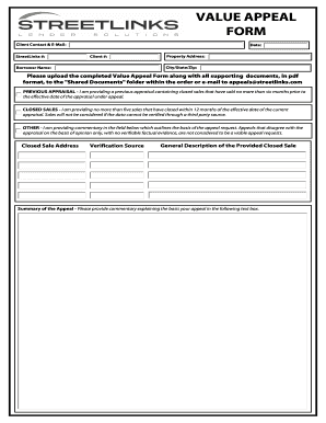 StreetLinks Value Appeal Form