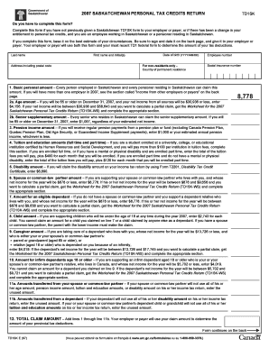 2007 Saskatchewan Personal Tax Credits Return TD1SK