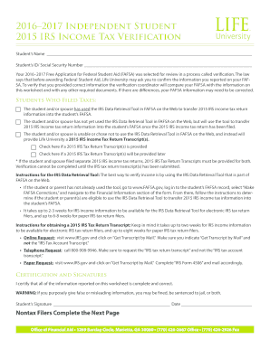 2016–2017 IRS Income Tax Verification Form