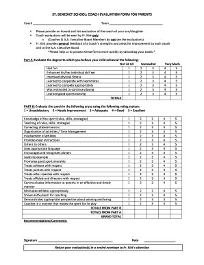 ST BENEDICT SCHOOL COACH EVALUATION FORM FOR PARENTS