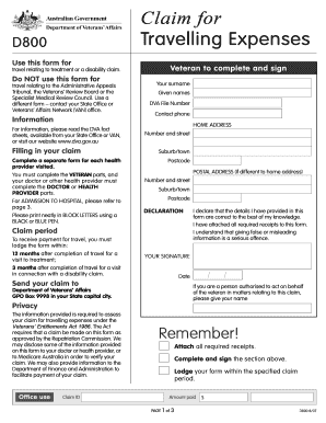 D800 Travelling Expenses Claim Form