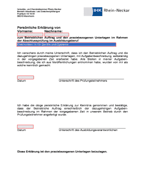 Persönliche Erklärung zur Abschlussprüfung im Ausbildungsberuf Elektroniker/-in für Automatisierungstechnik