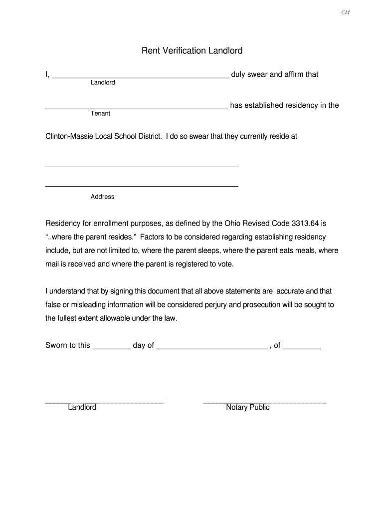 Fillable Online clintonmassie k12 oh Rent Verification Landlord