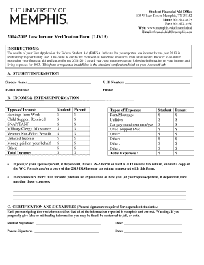 2014-2015 Low Income Verification Form