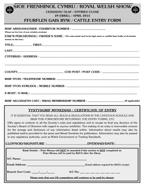 Royal Welsh Show Cattle Entry Form