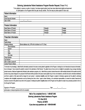 Schering Laboratories Patient Assistance Program Reorder Request