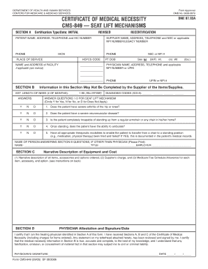 Certificate of Medical Necessity for Seat Lift Mechanisms
