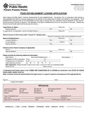 Idaho Food Establishment License Application