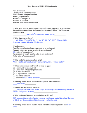 Nova Biomedical CLP POC Questionnaire