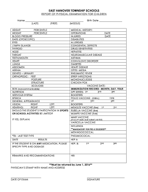 East Hanover Township Schools Physical Exam Form