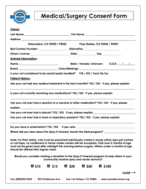 Medical/Surgery Consent Form for Cat Spay/Neuter