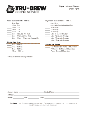 Cups, Lids and Stirrers Order Form
