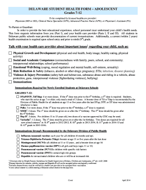 Delaware Student Health Form – Adolescent