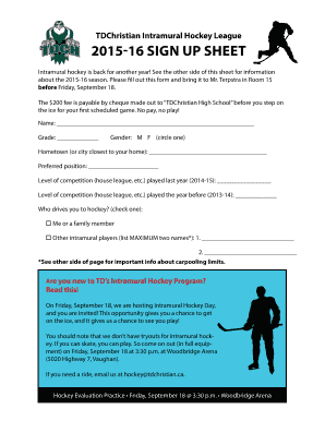 Volunteer sign up sheet pdf - TDChristian Intramural Hockey League 2015-16 SIGN UP SHEET