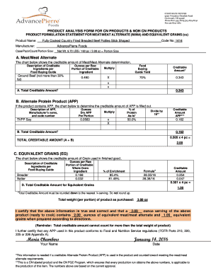 Product Analysis Form for Meat and Grain Equivalents