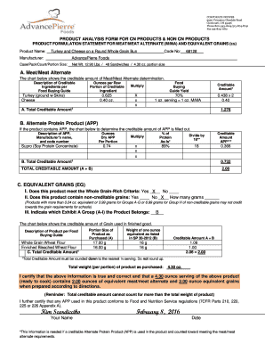 Product Analysis Form for Meat and Grain Equivalents