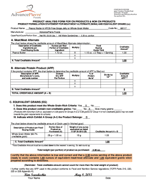 Product Analysis Form for Meat and Grain Credits