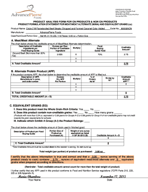 Product Analysis Form for Meat and Grain Credits