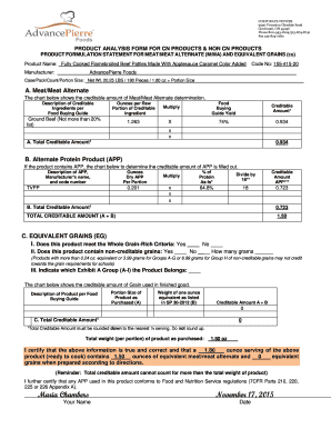 Product Analysis Form for Meat and Grain Crediting