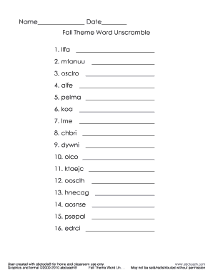 Fall Theme Word Unscramble Worksheet