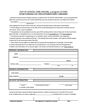 Out of School Care Pre-Authorized Debit Agreement