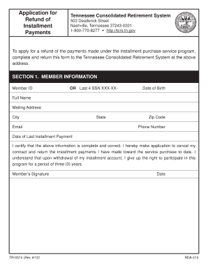 Tennessee Consolidated Retirement System Refund Application