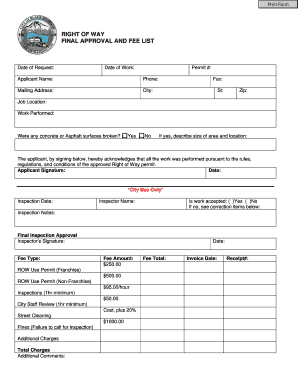 Right of Way Final Approval and Fee List