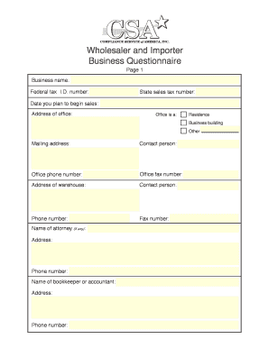 Wholesaler and Importer Business Questionnaire