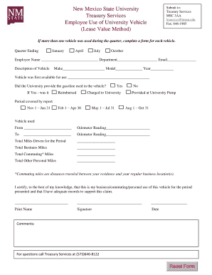 New Mexico State University Vehicle Use Form