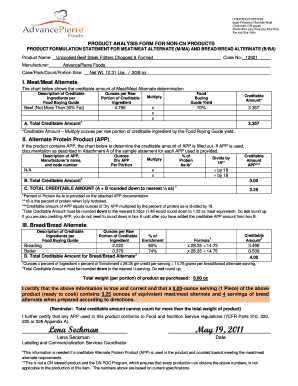 Product Analysis Form for Non-CN Products