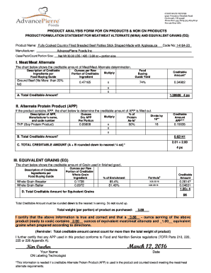 Product Analysis Form for Meat and Grain Equivalents
