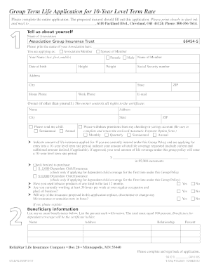 Group Term Life Application for 10-Year Level Term Rate