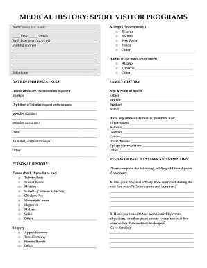 Medical History Form for Sport Visitor Programs