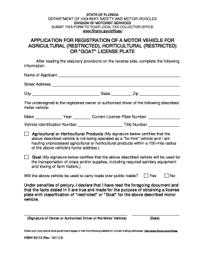 Florida Agricultural or Goat License Plate Application