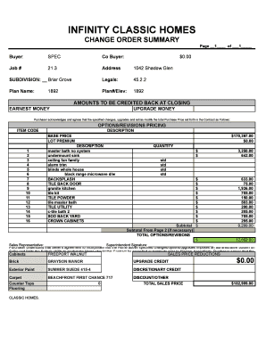 Infinity Classic Homes Change Order Summary