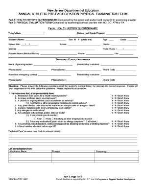 New Jersey Athletic Pre-Participation Physical Exam Form
