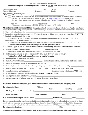 New Jersey Annual Health Update Form for High School Students