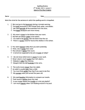 4th Grade Spelling Review Form