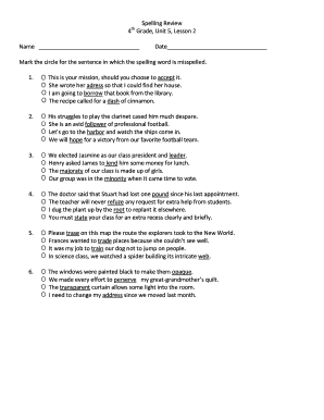 4th Grade Spelling Review Form