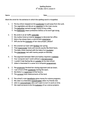 4th Grade Spelling Review Form