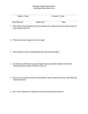 Banning Unified School District Teacher Observation Form