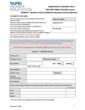 TAFE NSW Bachelor of Early Childhood Education and Care Application Form