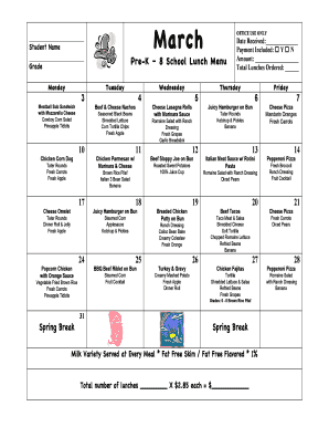 Pre-K – 8 School Lunch Menu