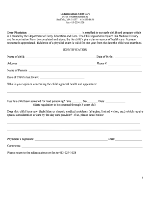Child Care Medical History and Immunization Form