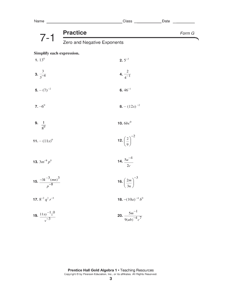 23 23 Practice Zero And Negative Exponents Form G - Fill Online Intended For Negative Exponents Worksheet Pdf