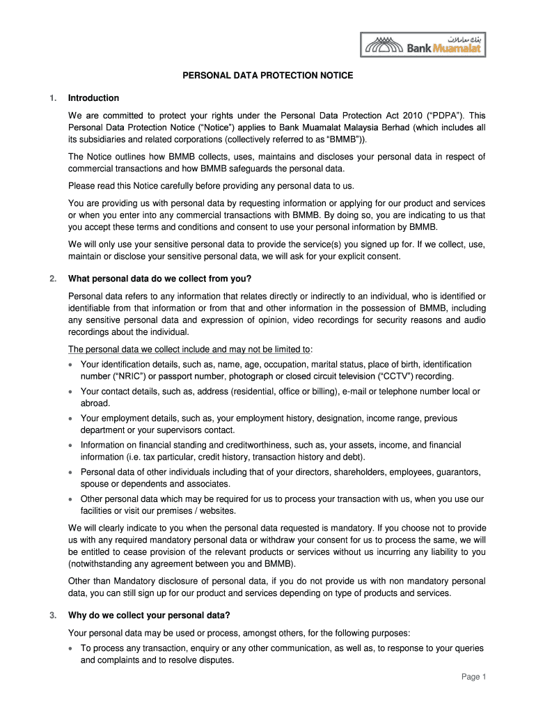 Fillable Online PERSONAL DATA PROTECTION NOTICE UNDER SECTION 7 OF THE ...