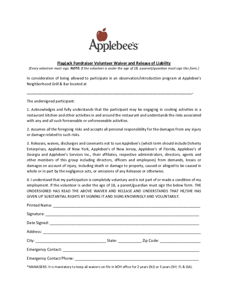 Flapjack Fundraiser Volunteer Waiver and Release of Preview on Page 1.