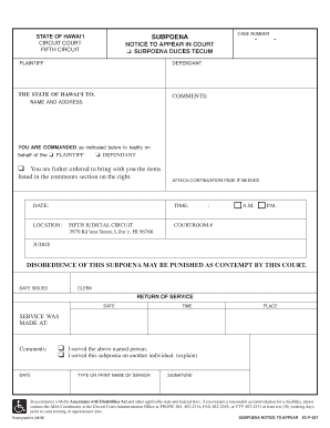 Hawaii Subpoena Notice to Appear