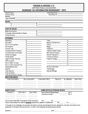 2010 Business Tax Information Worksheet